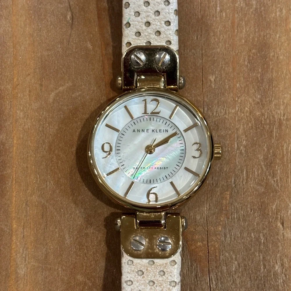 Anne Klein Watch Womens Gold Leather Band Polka Dot